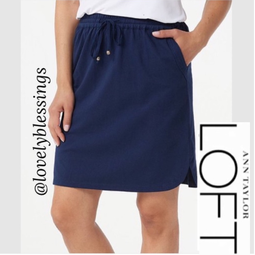 Navy Blue Skirt Pockets & Rope Tie Drawstring Waist Linen Look Fabric Size Large